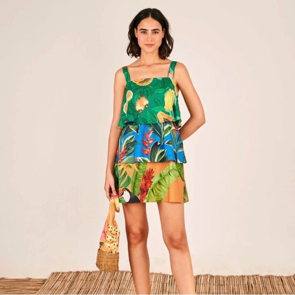 FARM Rio Mixed Prints Layered Mini Dress Ruffles Floral Tropical Green Size XL - Picture 2 of 16